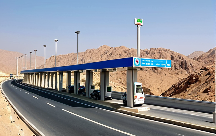 **Image Prompt:** A well-maintained Omani highway with modern toll booths. Show vehicles passing through smoothly using an Electronic Toll Collection (ETC) system. The scenery should depict a clear, sunny day with the Omani landscape in the background. Focus on the efficiency and technological aspect of the ETC system.