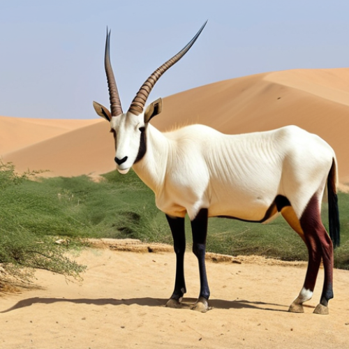Arabian Oryx in Oman**

"A majestic Arabian Oryx standing in the Omani desert landscape. Sand dunes in the background, sparse desert vegetation. The oryx is healthy and well-fed.  Bright sunlight.  Fully clothed. Safe for work. Appropriate content. Perfect anatomy, correct proportions, natural pose, well-formed hooves. Professional wildlife photography, high quality, family-friendly."

**