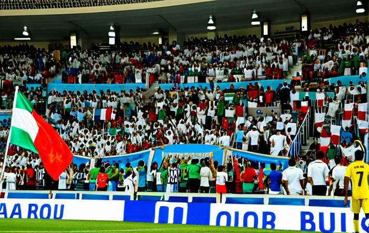 **
"Bustling scene at the Muscat International Stadium during a football (soccer) World Cup qualifier match, fully clothed athletes in action, enthusiastic crowd in the stands, flags waving, safe for work, appropriate content, professional sports photography, perfect anatomy, natural proportions, family-friendly atmosphere, modern stadium architecture."
**